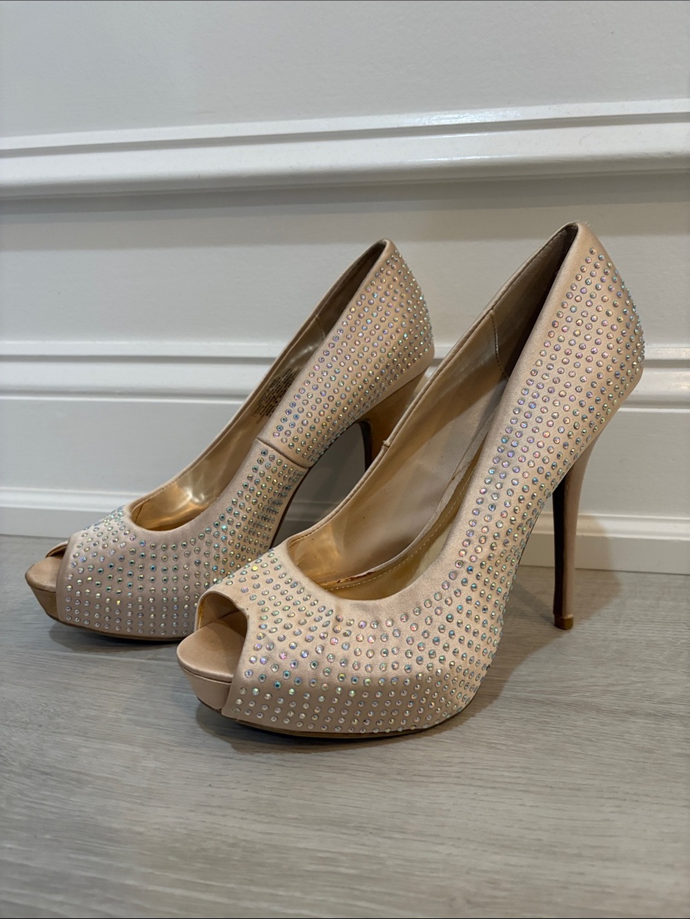 Nude Crystal Embellished Peep-Toe High Heels